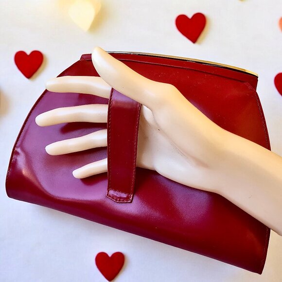 Perry Ellis Red Leather Vintage Clutch Handbag Chrome Croc Print Italy - Picture 15 of 15